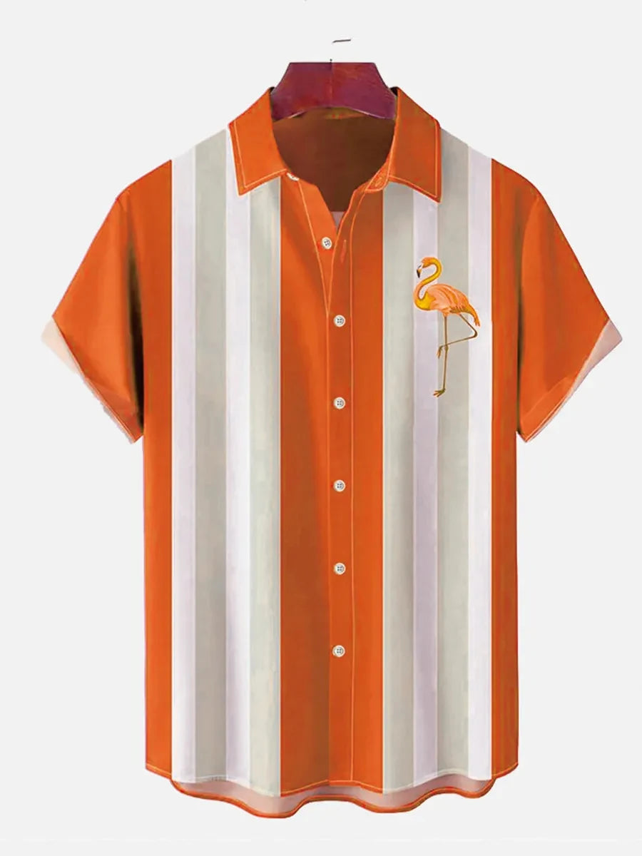 Men's street fashion summer daily shirt Hawaiian flamingo striped printed casual loose shirt short sleeved beach loose top