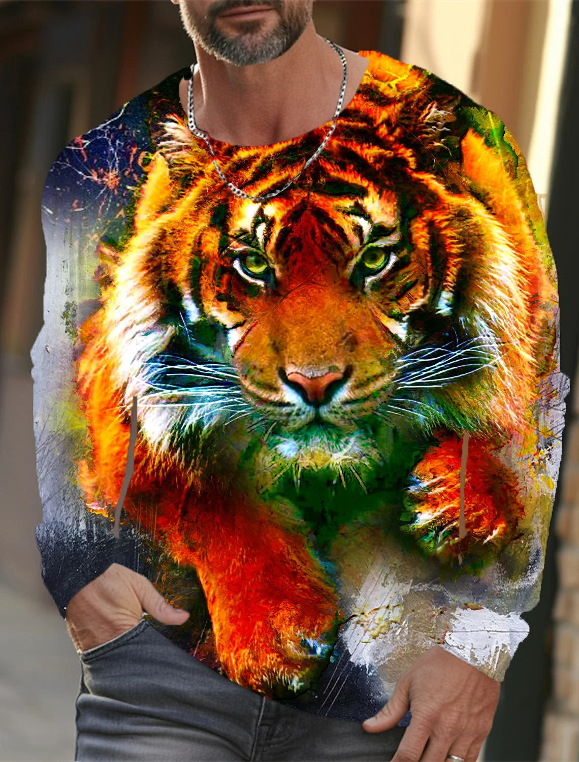 2024 New Tiger Print Pullover Autumn Winter Men's Casual Long Sleeve Round Neck Sweatshirt Streetwear Harajuku Men's Wear