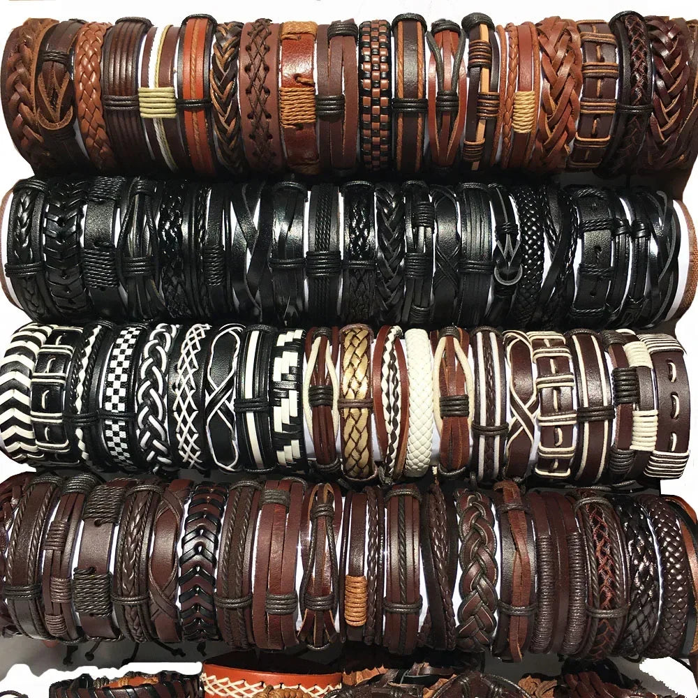 25 Pcs/set Black Wrap Woven New Fashion Handmade Men Bracelets Male Women Leather Bracelets Men Bangle Wholesale Jewelry Gift