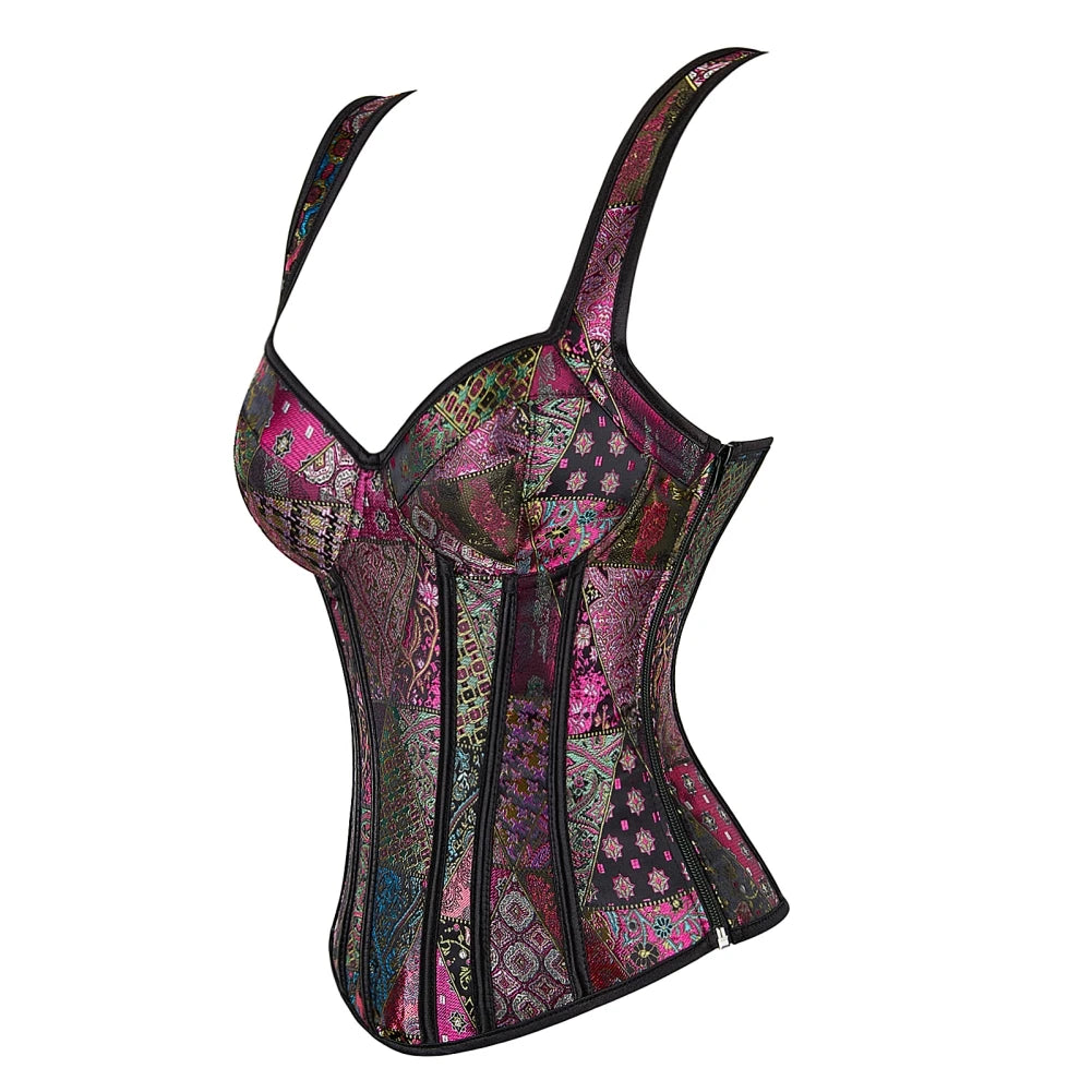 Steampunk Straps Overbust Corset With Cup Zipper Sexy Jacquard Floral Corset Waist Cincher Bustier Lingerie Top Plus Size