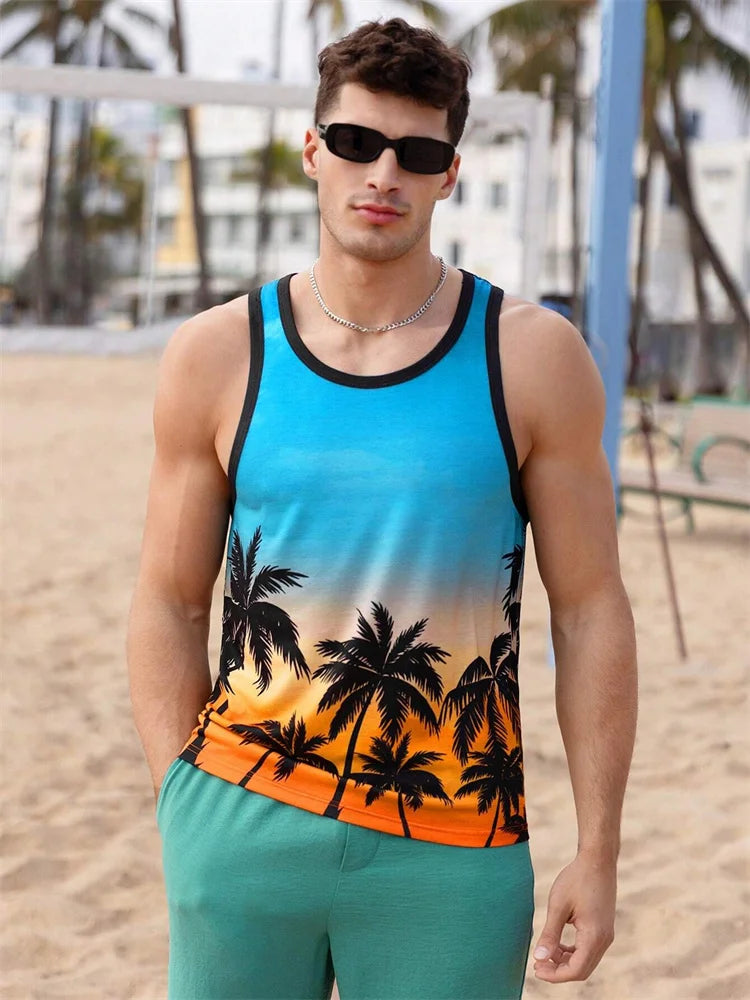 Summer Tank Top Men's Hawaii Beach Casual Clothing Quick Drying Silk Fit Sleeveless Shirt Mens Fashionable Body-Shaping Tank Top