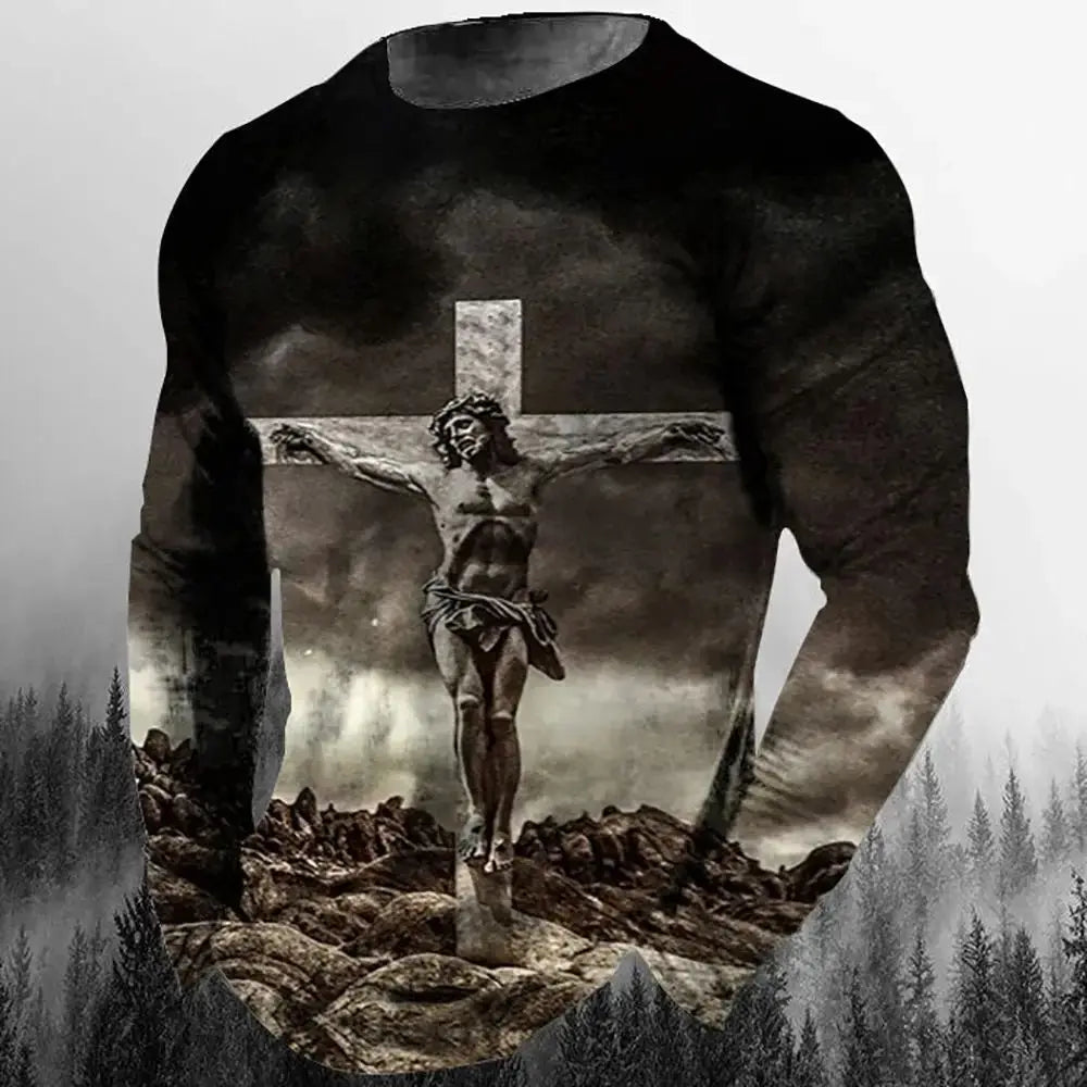 Fashion Casual Men's Long Sleeve T-Shirt 3d Printed Retro Jesus Christ Street Personality Loose O Collar Harajuku Oversized Top