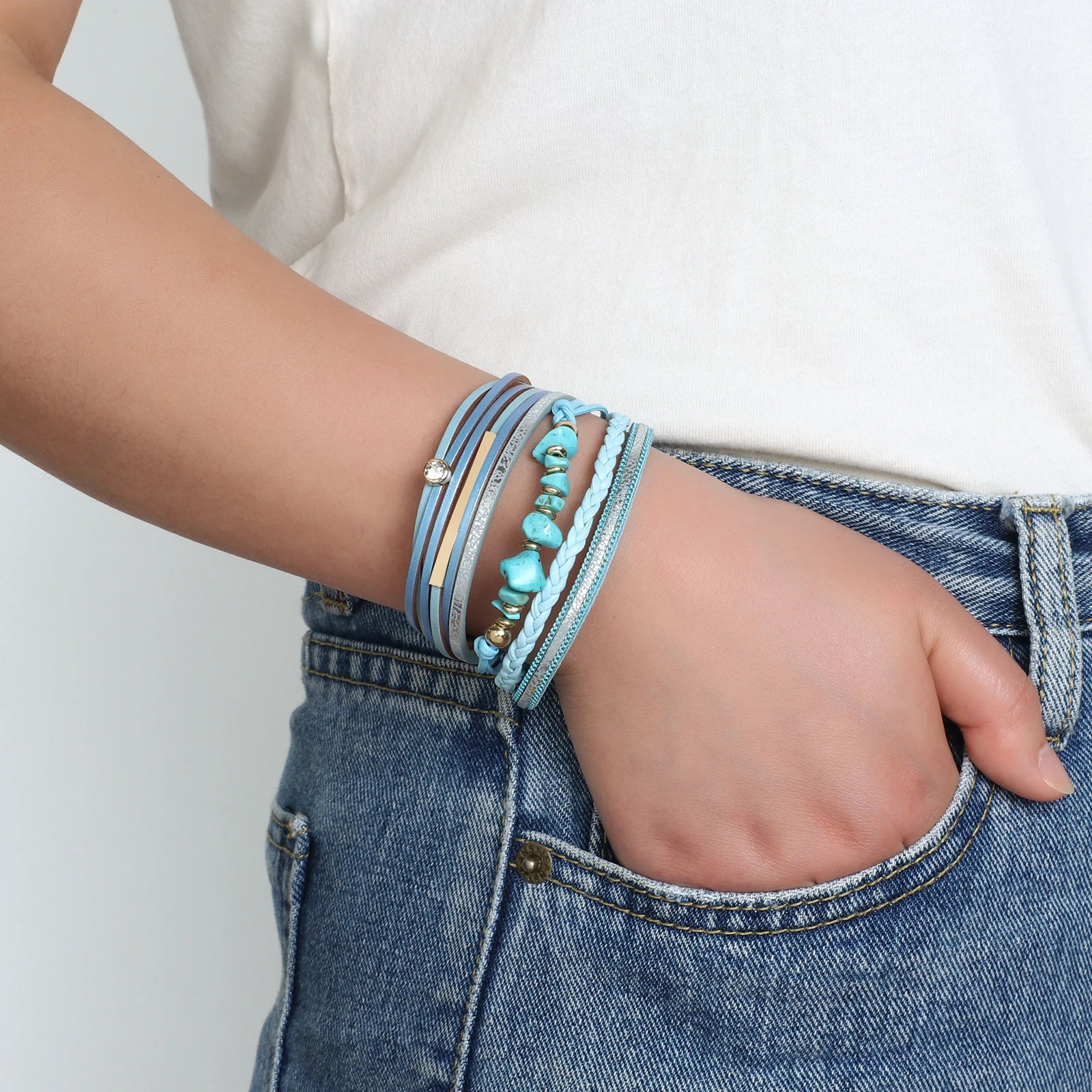 ALLYES Vintage Natural Stone Leather Bracelet for Women Men Boho Handmade Braided Crystal Multilayer Wrap Bracelet Charm Jewelry