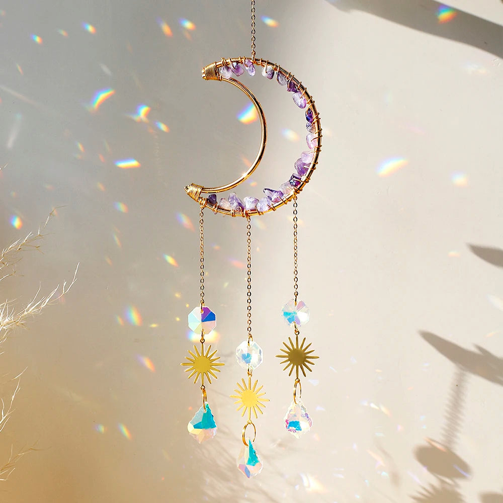 Amethyst Suncatcher Moon Crystal Gemstone Windchime Sun Catcher Home Decor Rainbow Crystal Window Yard Garden Decoration Outdoor