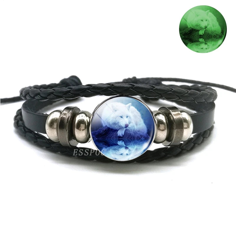 Glow In The Dark Wolf Head Bracelet Multilayer Leather Bracelet Charm Women Men Fashion Luminous Bracelets Wolf Jewelry