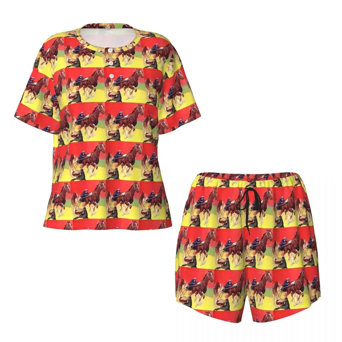 Horse Race Pajamas Summer 2 Pieces 1930s Classic Art Cute Pajama Sets Womens Short-Sleeve O Neck Night Pattern Sleepwear