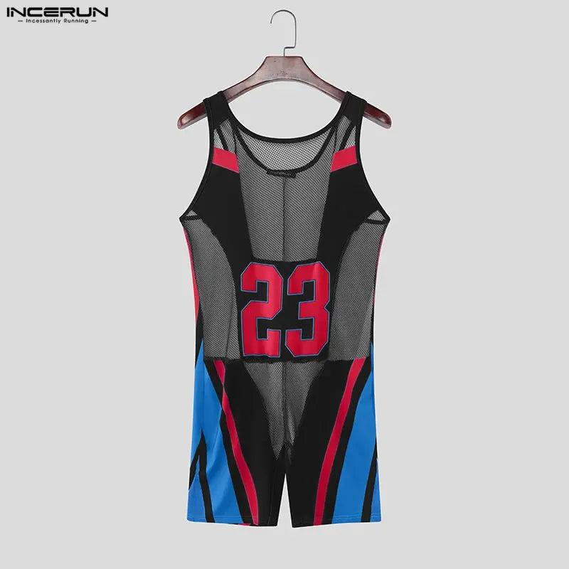 INCERUN Men's Bodysuits Mesh Patchwork Color-block O-neck Sleeveless Male Rompers Playsuits Workout See Through Bodysuit For Man