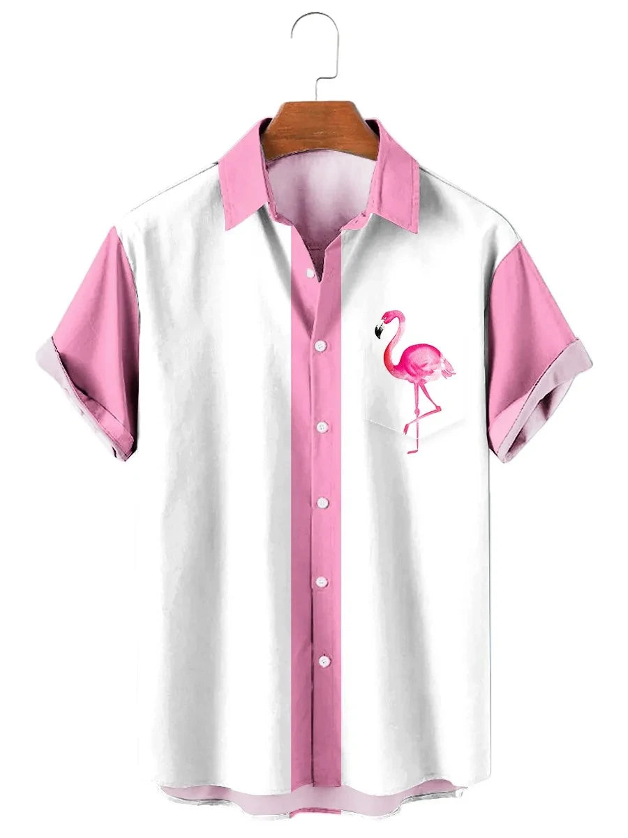 Men's street fashion summer daily shirt Hawaiian flamingo striped printed casual loose shirt short sleeved beach loose top