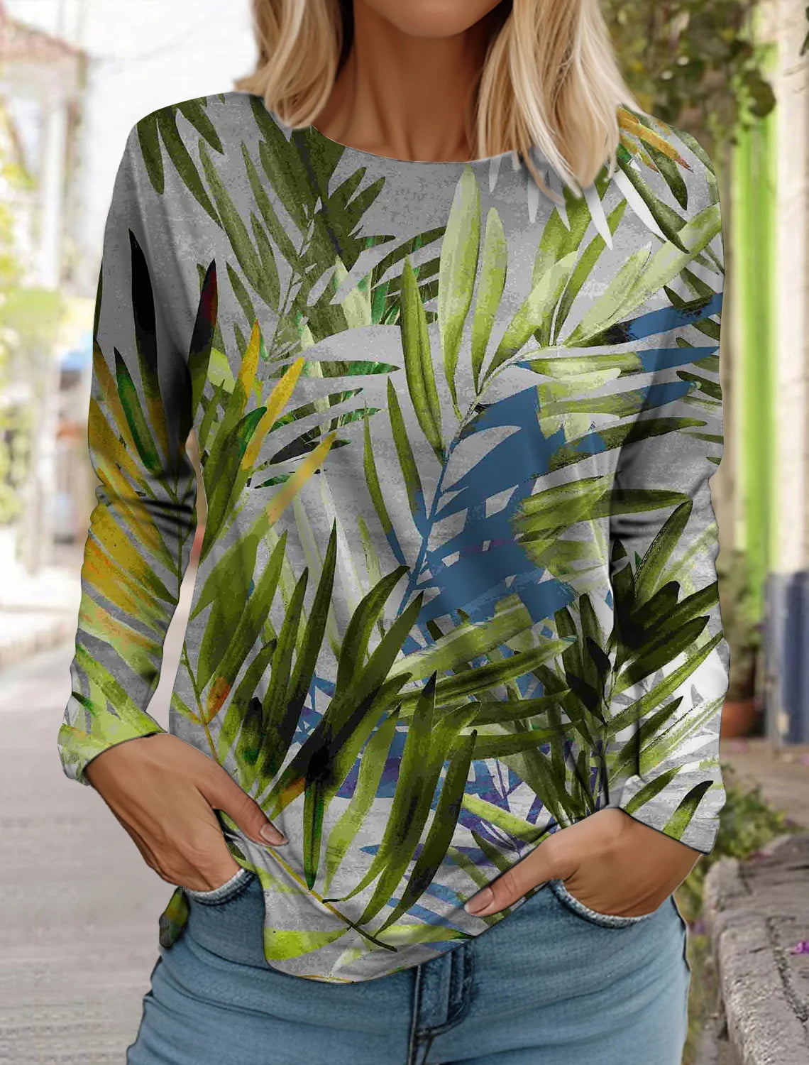 Women's white long-sleeved tops round neck casual tops 3d printed flowers fashion stickers printed women's long-sleeved T-shirt