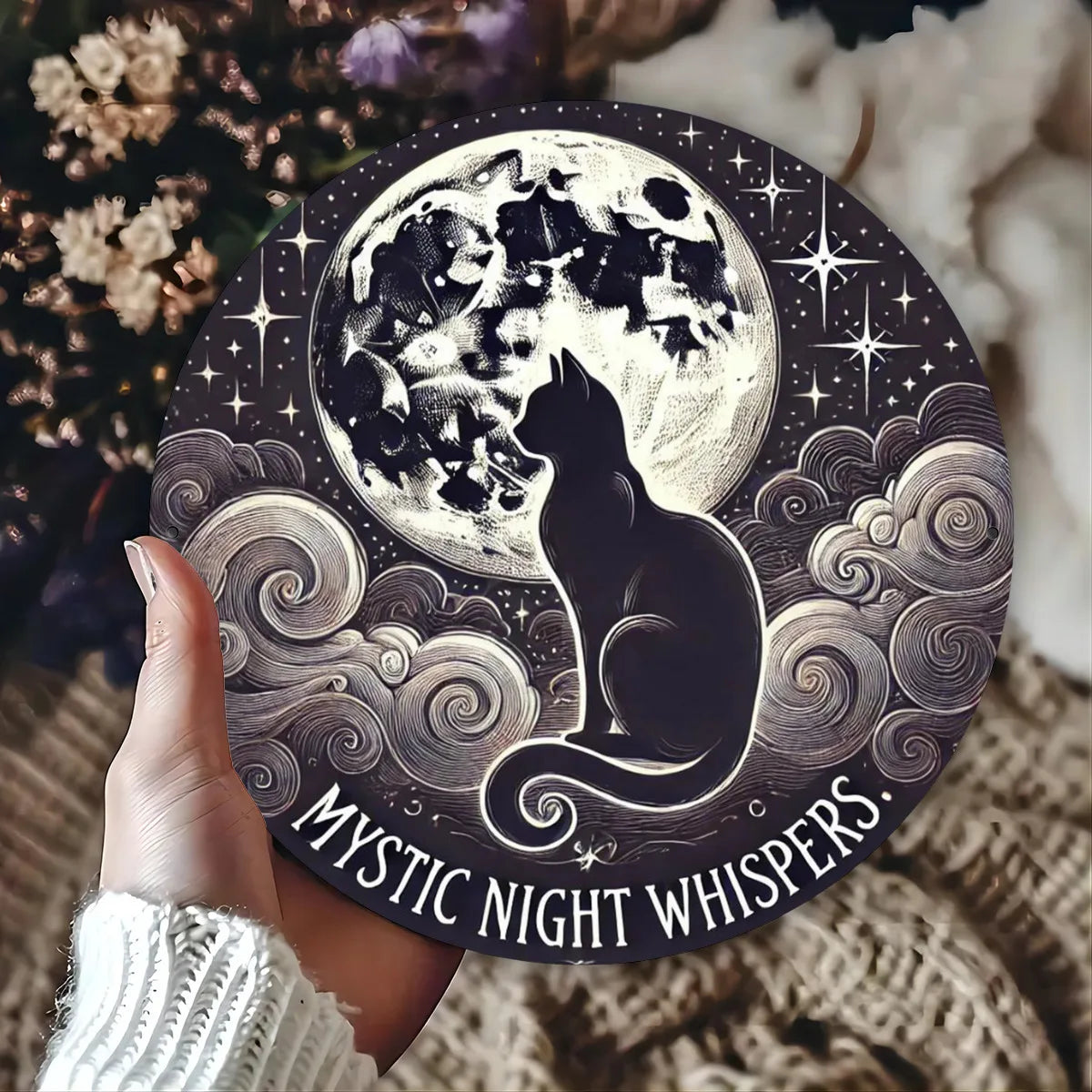 Mystic Whispers Black Cat & Moon 7.8" Iron Wall Art Plaque - Detailed 2D Print for Indoor/Outdoor Home Decor, Ideal Gift