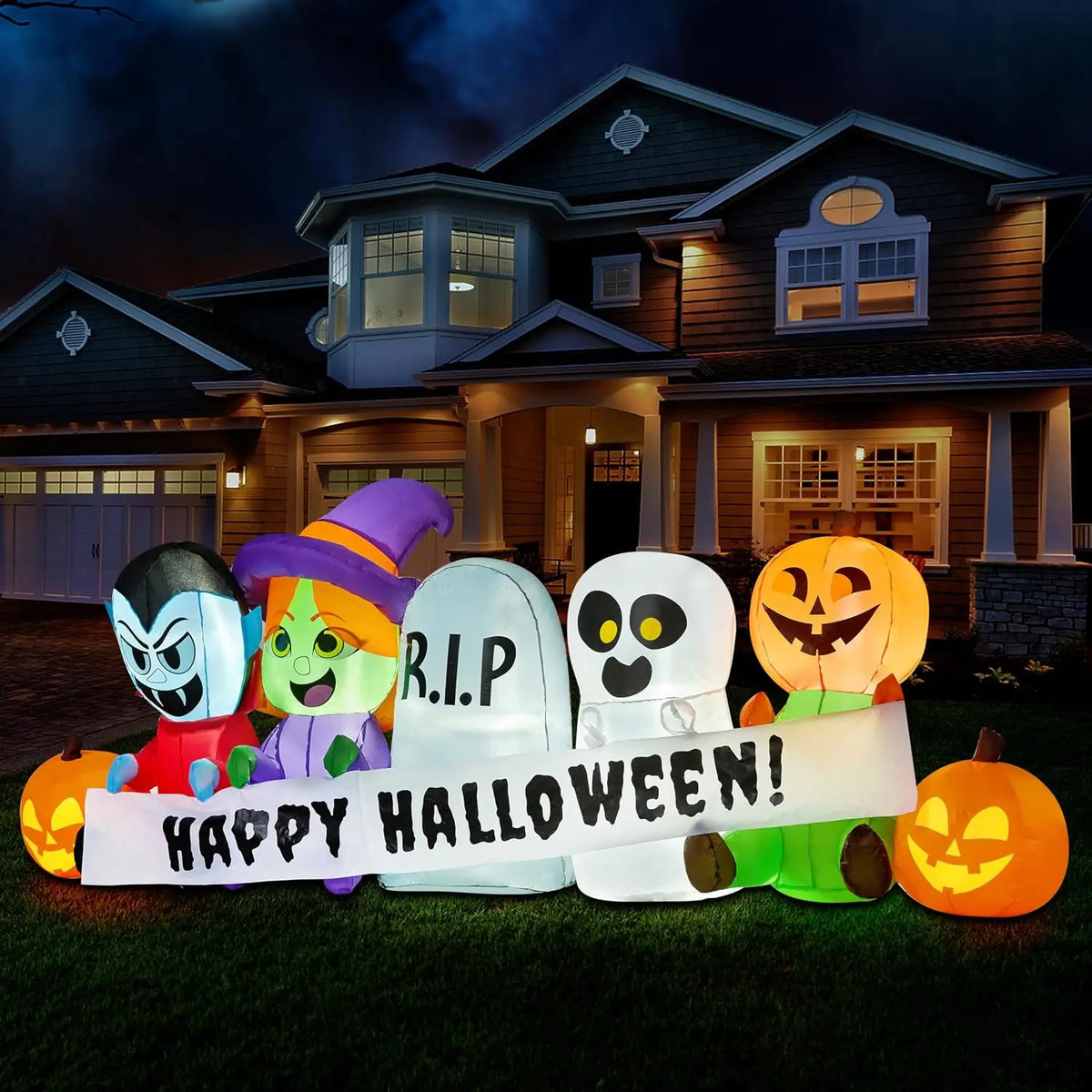 8 FT Long Pumpkin Ghost Vampire Witch Tombstone Inflatable Halloween Decor Outdoor