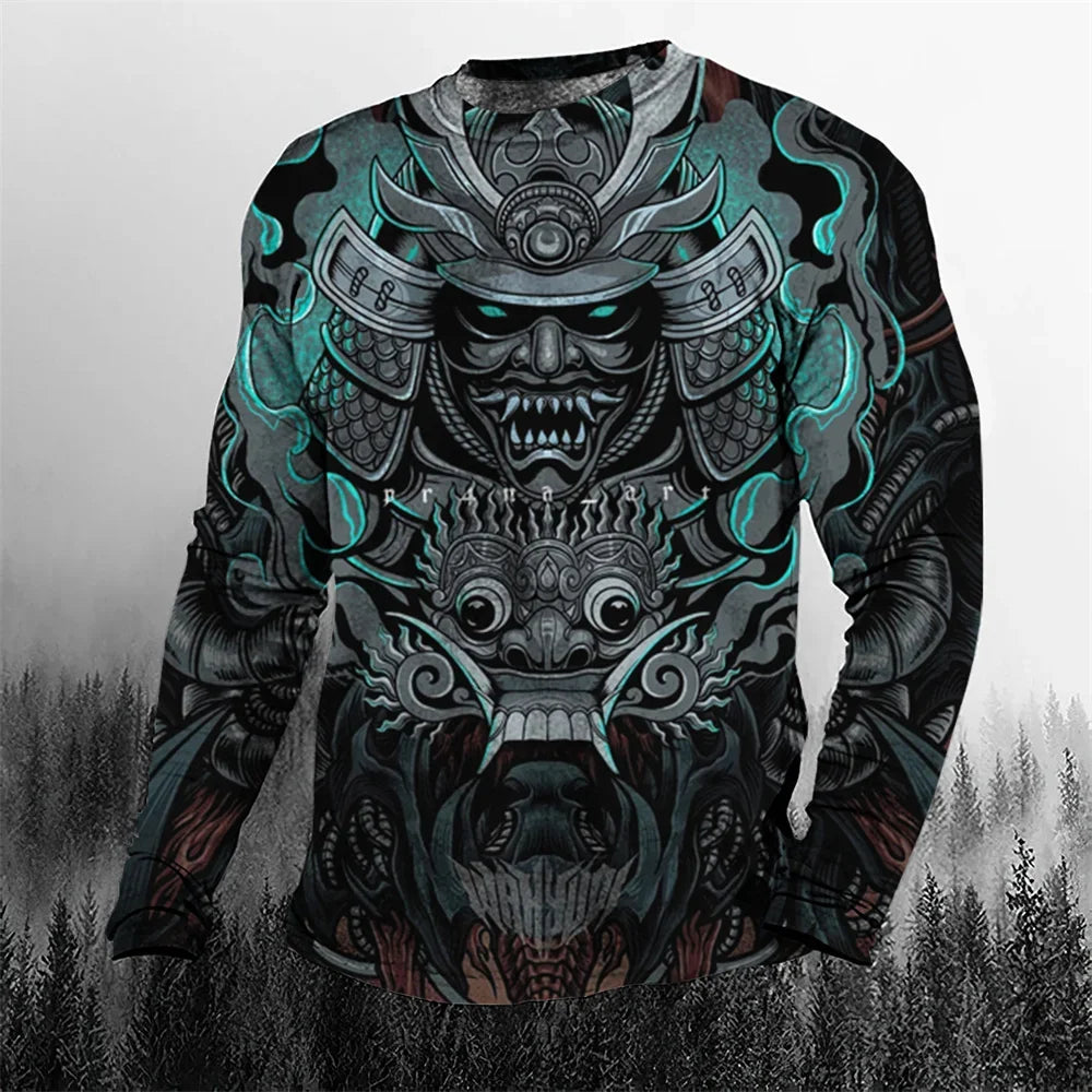 2024 Fall Cool Vintage Samurai 3D Printed Men's T-shirt O-Neck Casual Men's Clothing Oversized Cartoon Long Sleeve Tops