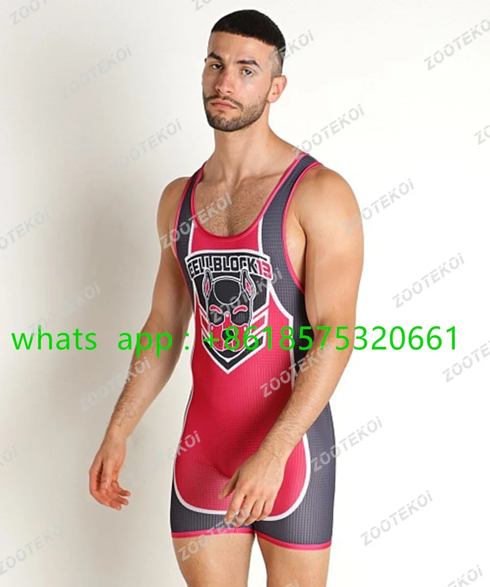 Men One-piece Jumpsuit Athletic Speedsuit Elasticity Sleeveless Wrestling Vest Tights Strength Weightlifting Competition Clothes