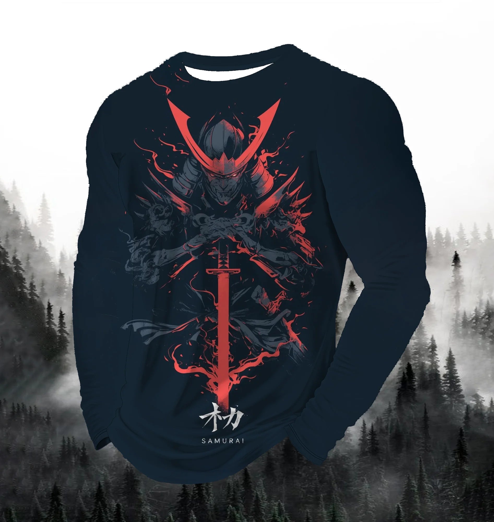 2024 Men's Fashion Printed Round Neck Long Sleeve Autumn Sports Leisure Pullover Men's 3D Japanese Samurai Printed Loose Tops