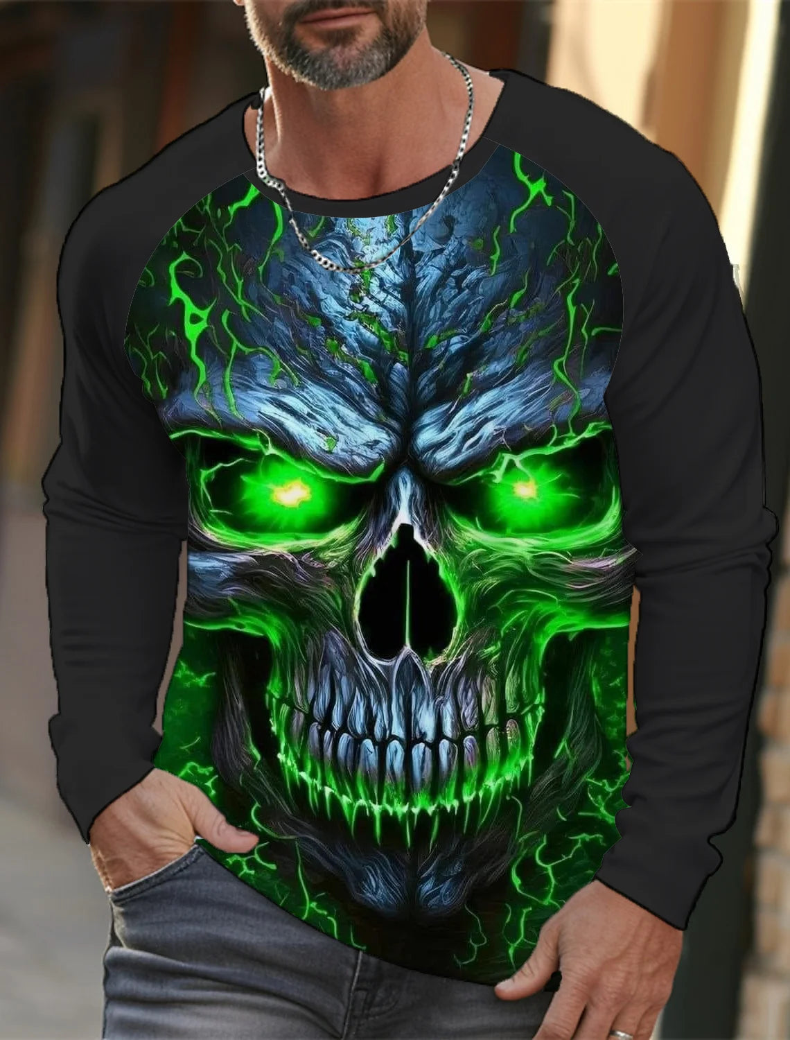 Men's long-sleeved T-shirt 3D printed high-definition skull stitching printing men's autumn tops casual round neck home clothes