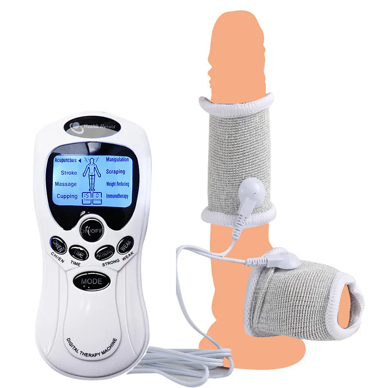 BDSM Electro Shock Conductive Fiber Penis Sleeve E-stim Scrotum Rings Electric Play Cock Therapy Enlargement Male Sex Products
