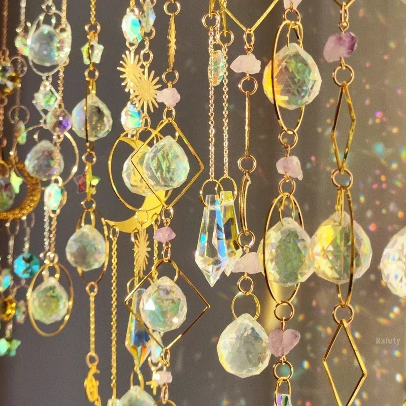 Hanging Crystal Pendant Garden Suncatcher Wind Chimes Rainbow Prism Crystal Chain for Window Drop Bell Christmas Tree Home Decor