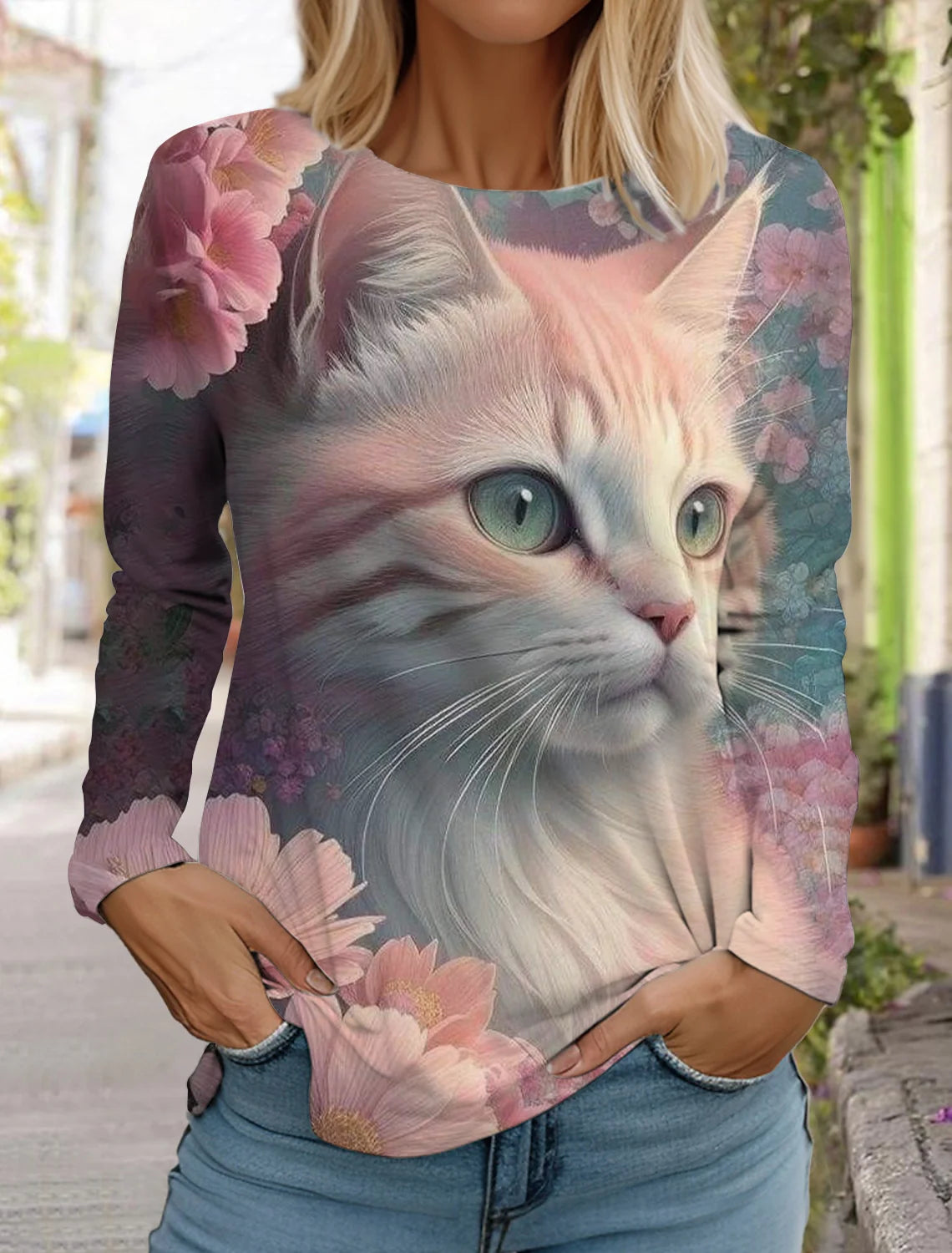 2024 Autumn and Winter Women's Long Sleeve 3D Printed Kitten Cute Print T-Shirt Women's Streetwear Round Neck Long Sleeve