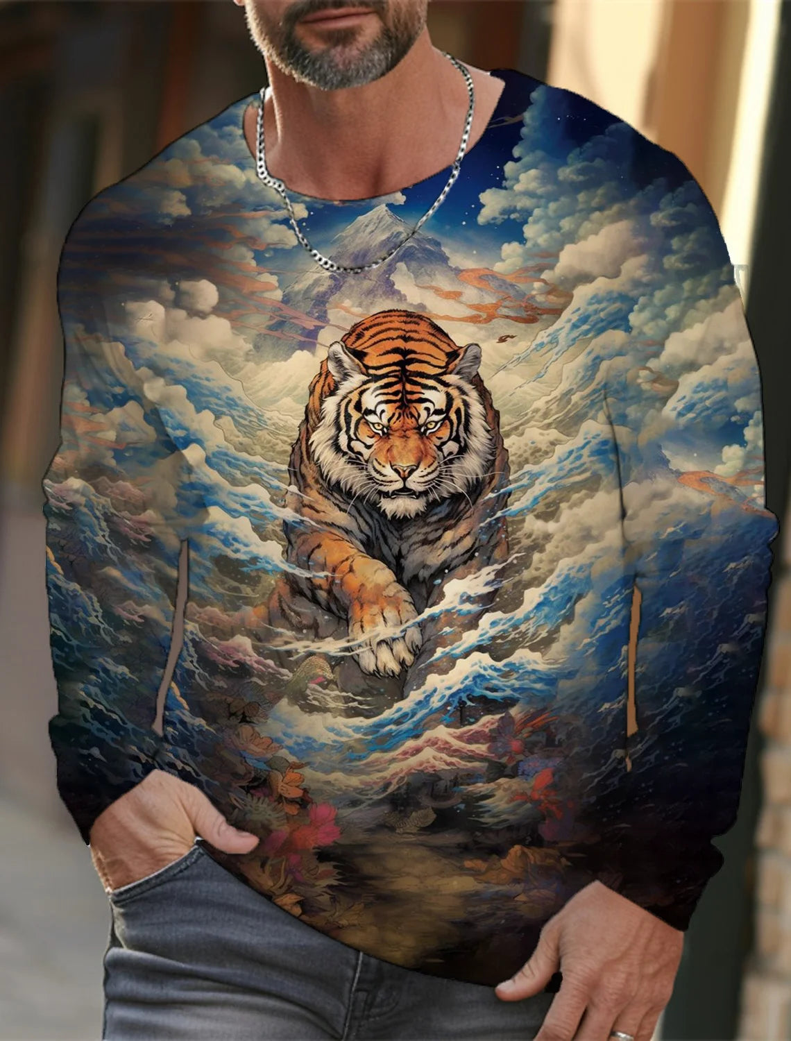 2024 new men's Ukiyoe long-sleeved T-shirt 3D printed high-definition tiger print men's autumn tops casual round neck T-shirt