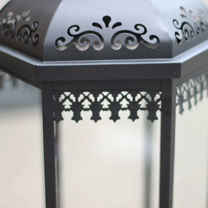 Wrought Iron Candlestick European Style Windproof Lamp Glass Lantern Wind Lamp Candlestick For Wedding Ornament Outdoor Floor