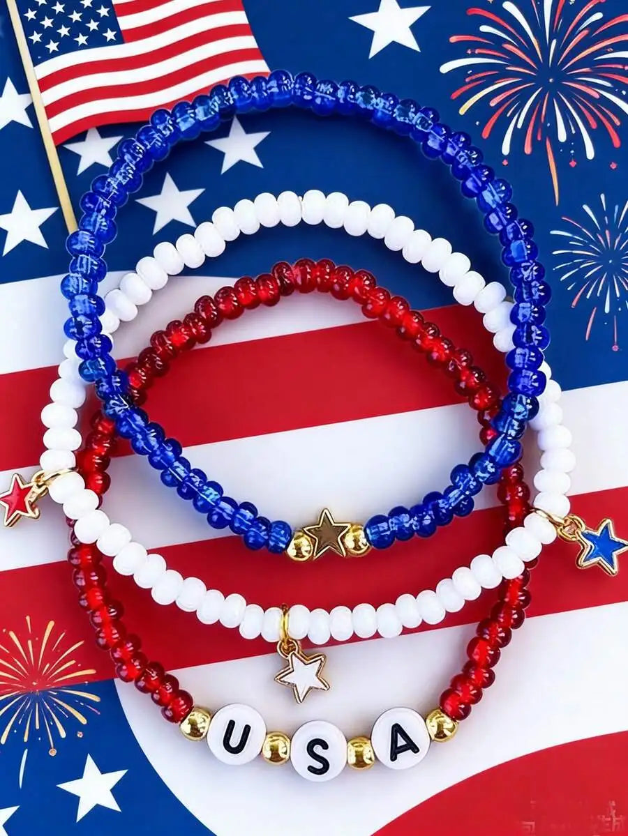 3pcs Red White Blue Beaded Bracelet Set With Star And USA Letter Charms For Women Independence Day