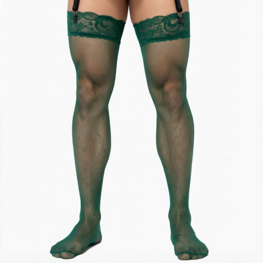 Vintage Men's Dark Green Long Socks Sheer Silky Lace Stockings Coffee Black Grey Blue Color Male Socks 2026 Calcetines Hombres