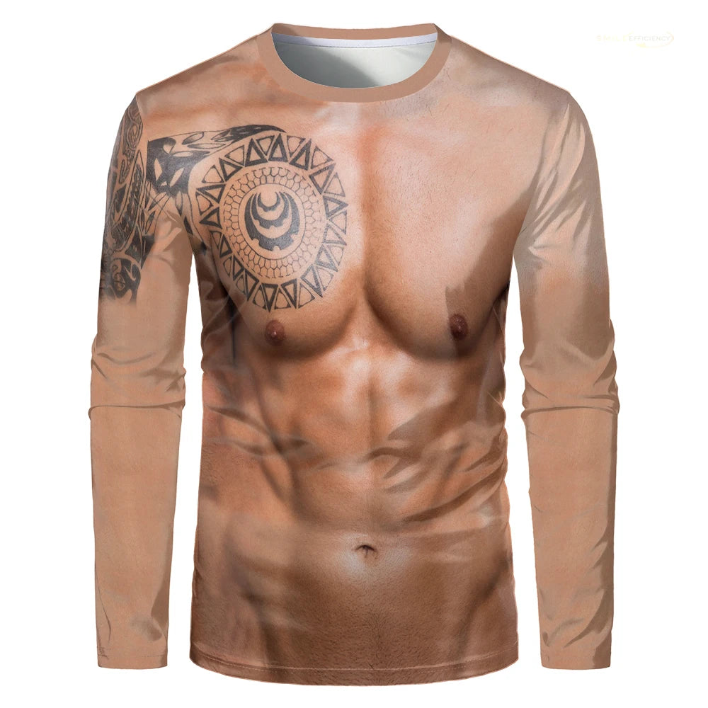Fake Muscle Body 3D Print Men T-shirt Halloween Funny Cosplay Muscular Long Sleeve T Shirt Fashion Casual O-Neck Kids Tops Tees