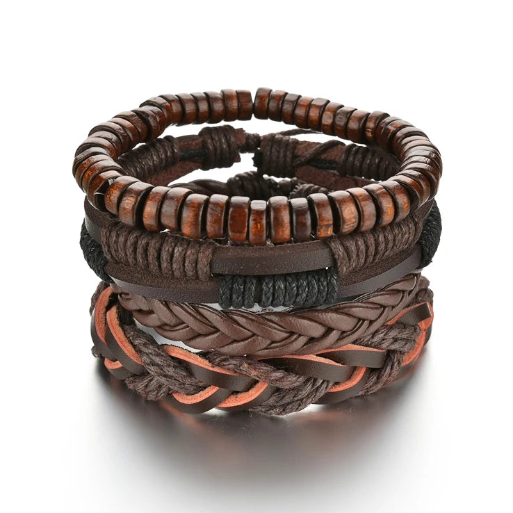 New Trendy Retro 4pcs/Set Bracelets & Bangles Men's Multilayer Black Leather Jewelry Charm Pulseiras Boyfriend Wristband
