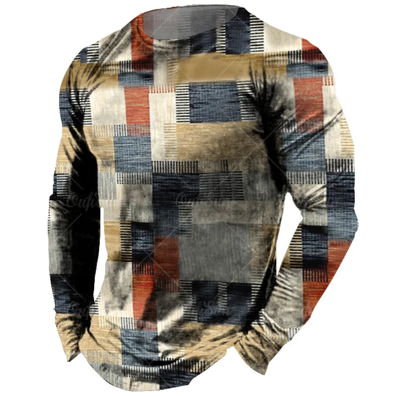 Vintage Men's Long Sleeve T-shirt Tops Plaid Print Autumn Oversized Sweatshirt Male O-neck Casual Daily Streetwear Men Clothing