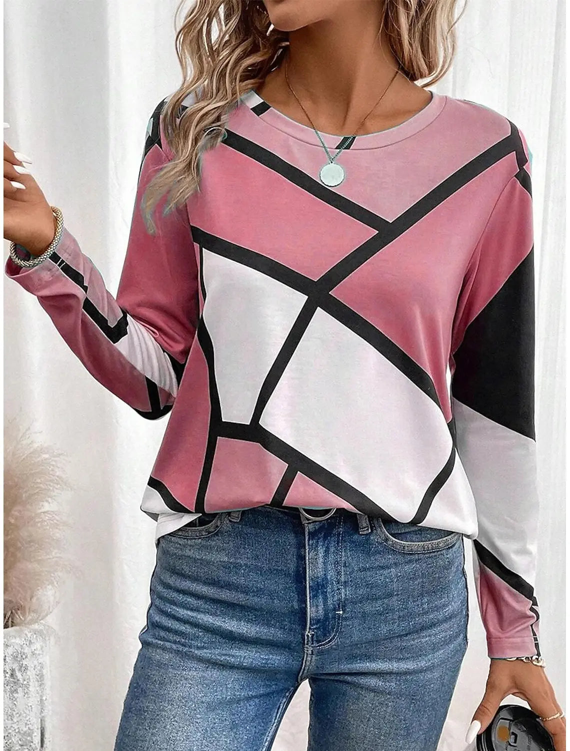 Gradient Stripe Printed Pullover Autumn and Winter Casual Long Sleeve Round Neck Sweatshirt Plaid Pattern Women's Clothing