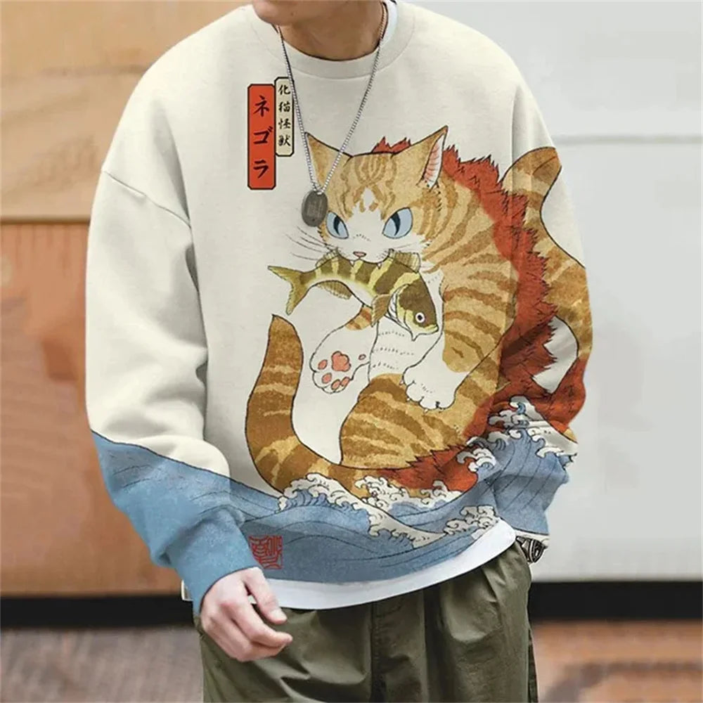 Japanese Ukiyo-e Hoodied Men's Sweatshirts Pullover Sea Wave Ramen Graphic Print Long Sleeves Hoodies Oversized Men Clothing Top
