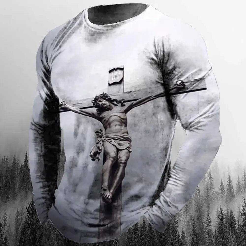 Fashion Casual Men's Long Sleeve T-Shirt 3d Printed Retro Jesus Christ Street Personality Loose O Collar Harajuku Oversized Top