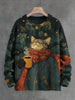 Men's Winter Skiing Animal Kitten Printed Casual Sweatshirt Fashion Round Neck Pullover Sweatshirt Polyester Fabric 2025 New