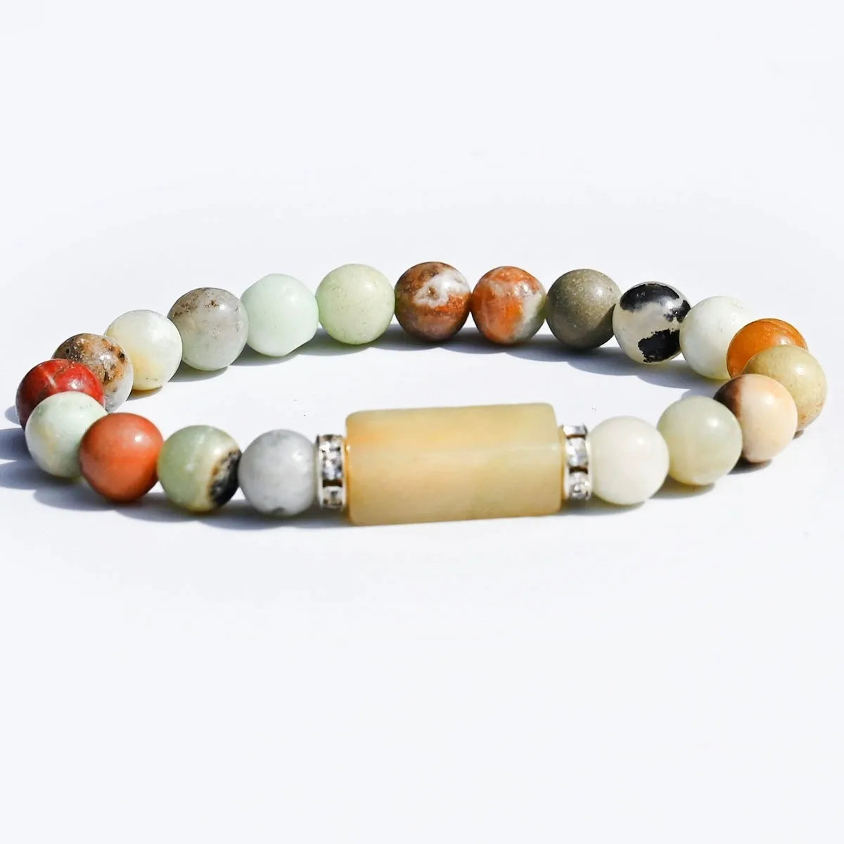 Natural Stone Bracelet: Featuring Rectangular Rose Quartz Plaques, Round Beads, Agate, Obsidian, and Raw Amazonite