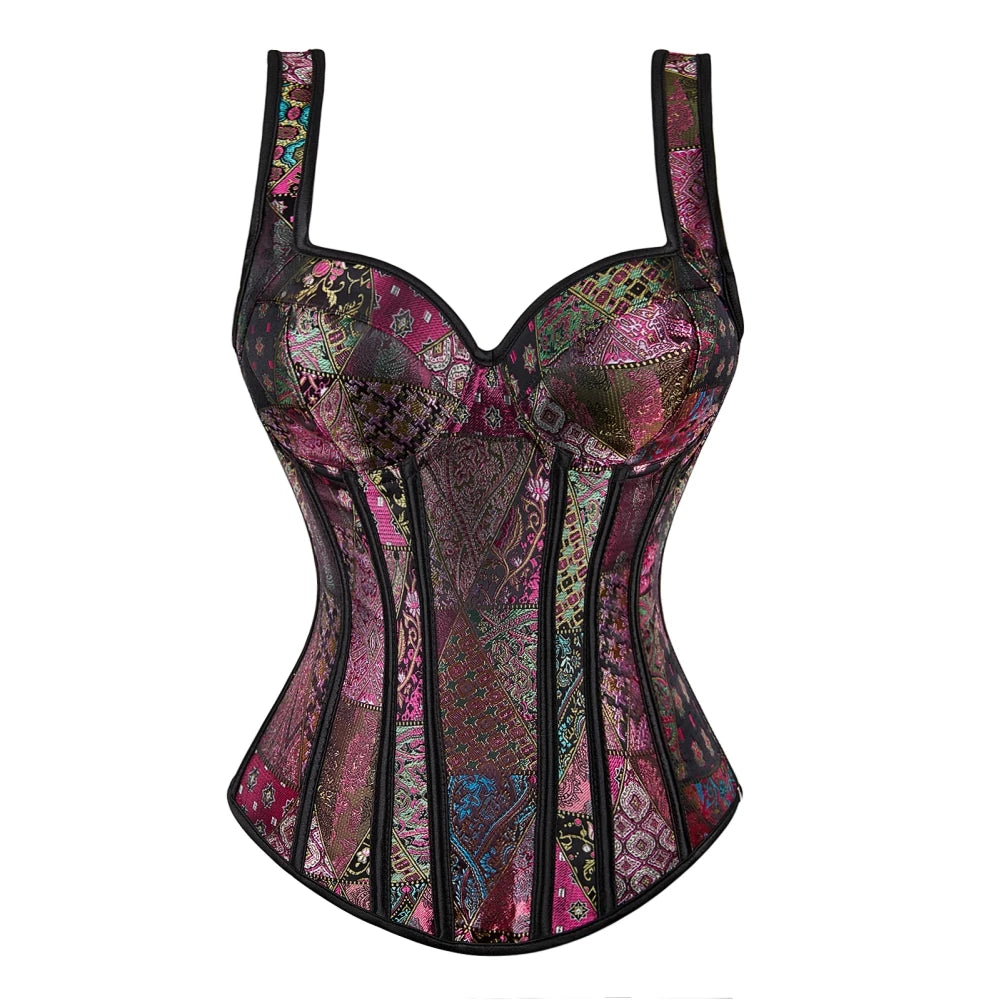 Steampunk Straps Overbust Corset With Cup Zipper Sexy Jacquard Floral Corset Waist Cincher Bustier Lingerie Top Plus Size
