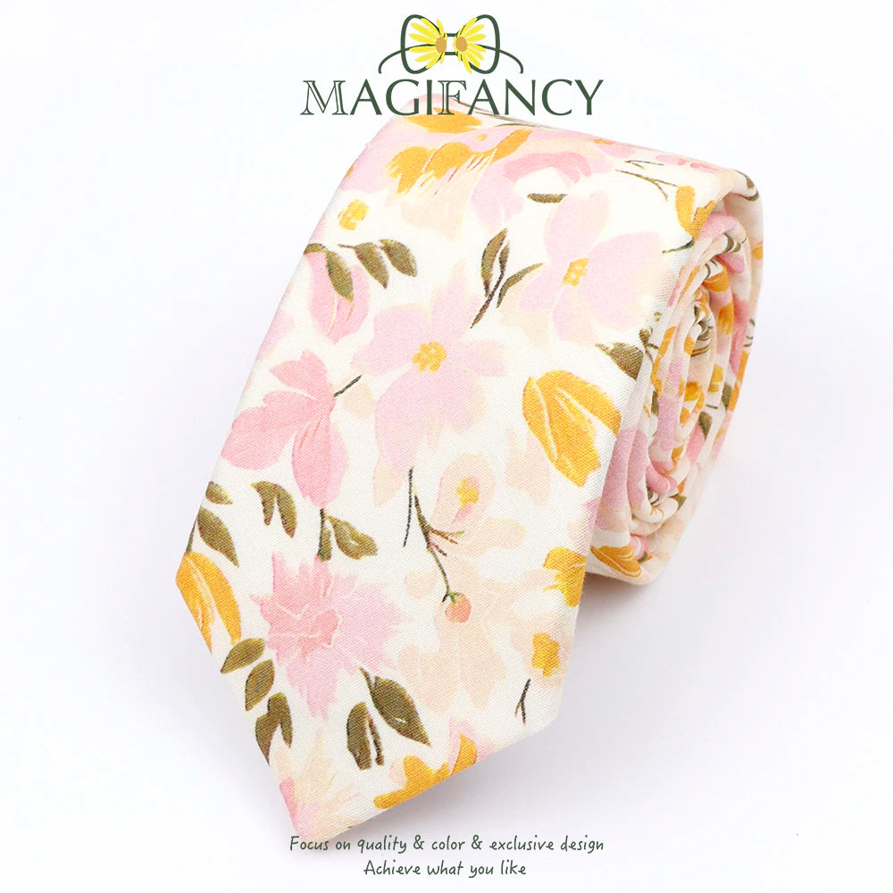 Top Hot Print Floral 6.5cm Necktie 100% Cotton Elegant Beige Sage Pink Men Wedding Party Daily Suit Shirt Cravat Gift Accessory