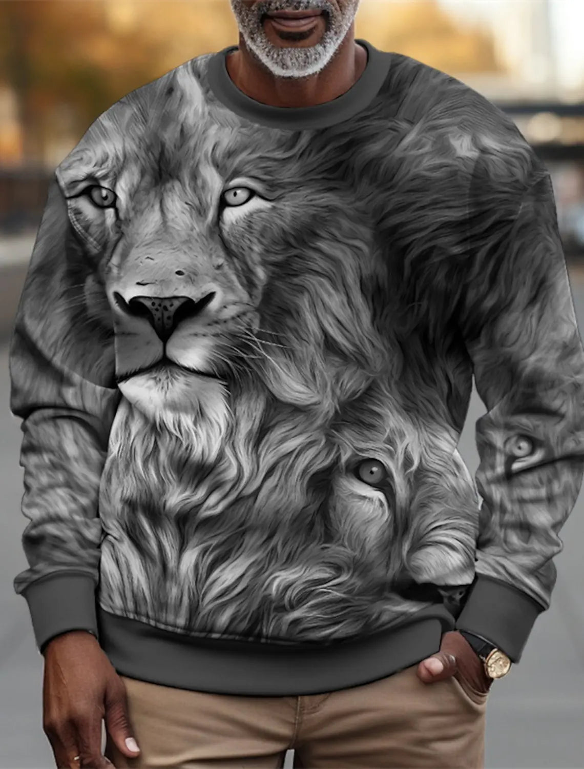 Men's Personalized Fierce Lion Animal Print Casual Sweatshirt Fashion Round Neck Pullover Sweatshirt Polyester Fabric Loose Fit