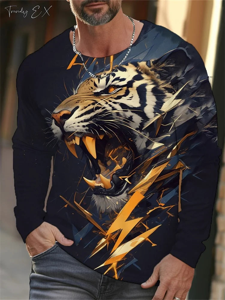 Men's T-Shirts 3D Tiger Print Streetwear Harajuku Fashion O-Neck Graphic T Shirts Tops Casual Sport Long Sleeve Gym Clothing Men