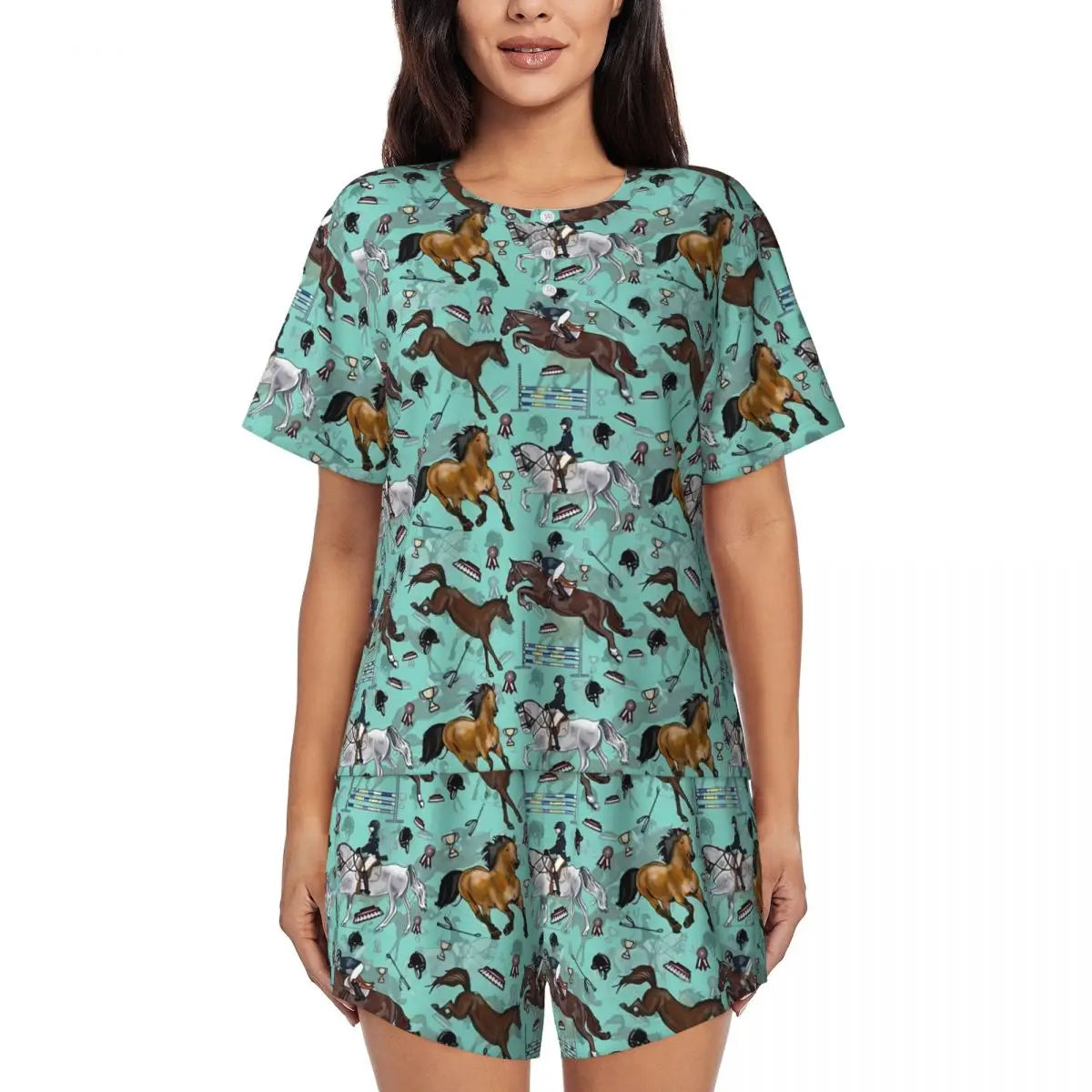 Horse Race Pajamas Summer 2 Pieces 1930s Classic Art Cute Pajama Sets Womens Short-Sleeve O Neck Night Pattern Sleepwear