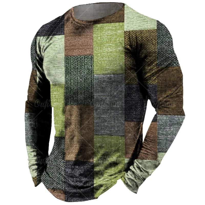 Vintage Men's Long Sleeve T-shirt Tops Plaid Print Autumn Oversized Sweatshirt Male O-neck Casual Daily Streetwear Men Clothing