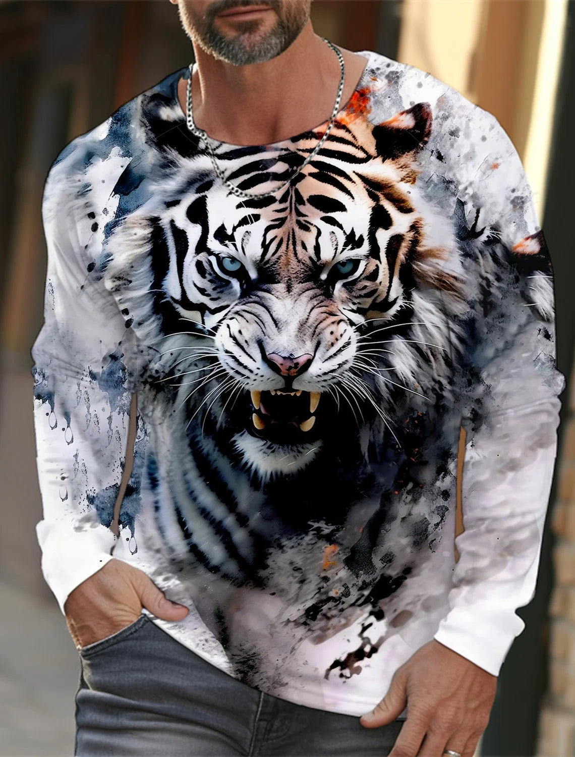 2024 New Tiger Print Pullover Autumn Winter Men's Casual Long Sleeve Round Neck Sweatshirt Streetwear Harajuku Men's Wear
