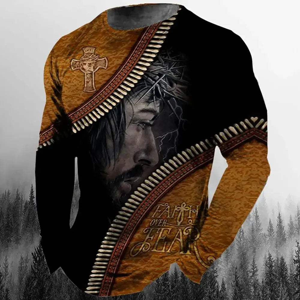 Fashion Casual Men's Long Sleeve T-Shirt 3d Printed Retro Jesus Christ Street Personality Loose O Collar Harajuku Oversized Top