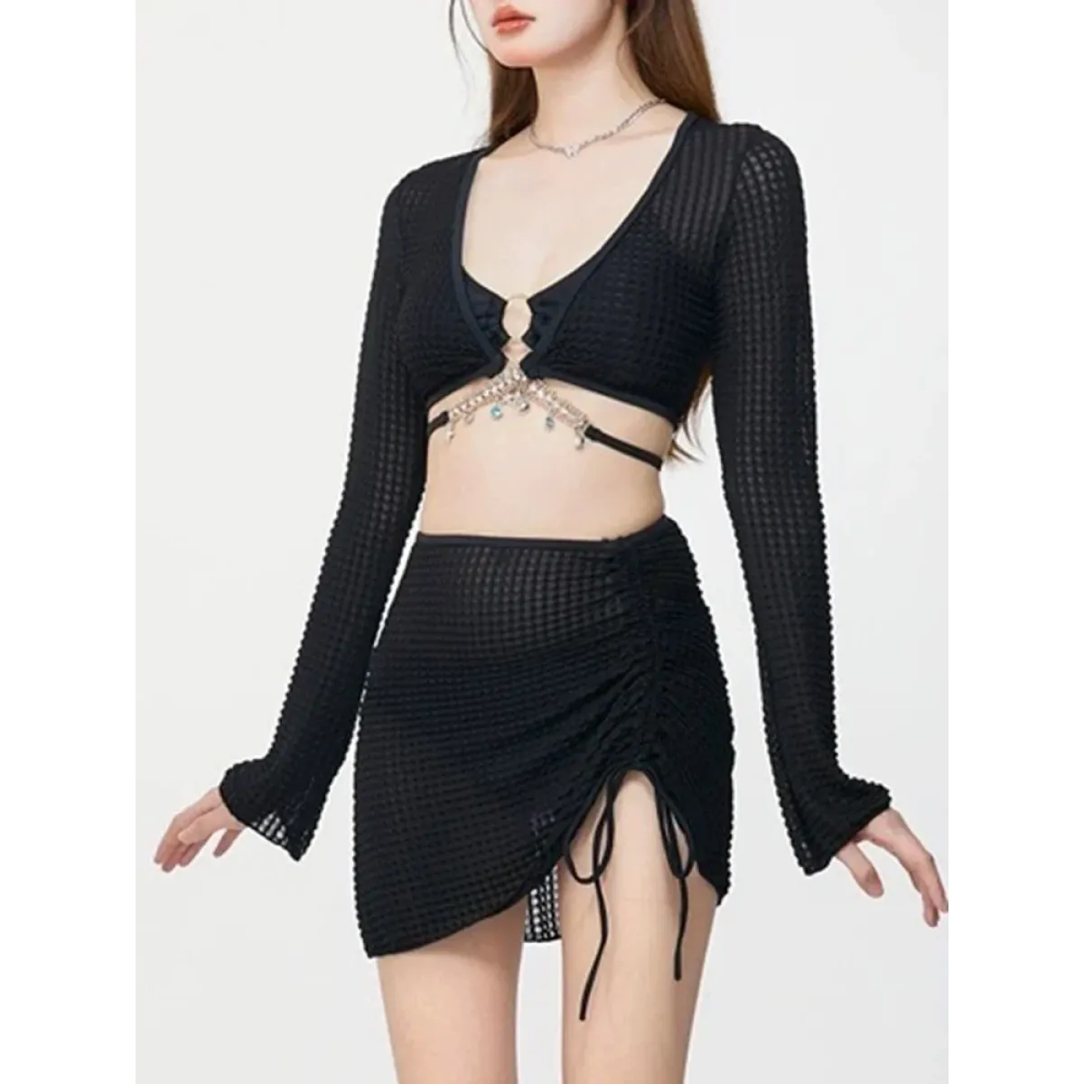 Ivory Mesh Chain Bikini Set – Long Sleeve Lace-Up Beachwear