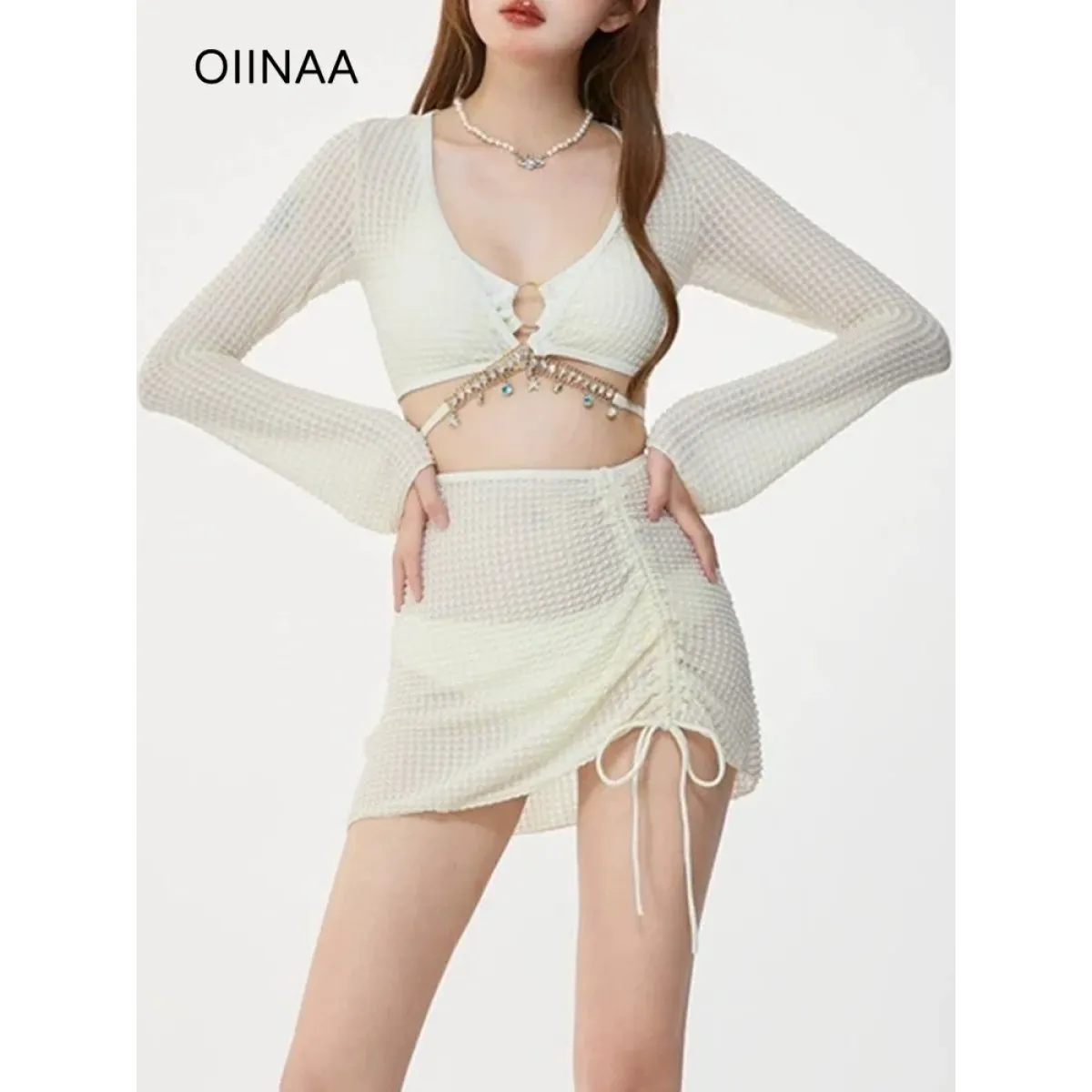 Ivory Mesh Chain Bikini Set – Long Sleeve Lace-Up Beachwear