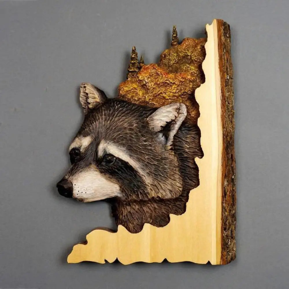 Animal Carving Handcraft Wall Hanging Sculpture Wood Raccoon Bear Deer Hand Painted Decoration For