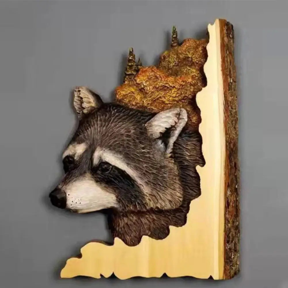Animal Carving Handcraft Wall Hanging Sculpture Wood Raccoon Bear Deer Hand Painted Decoration For
