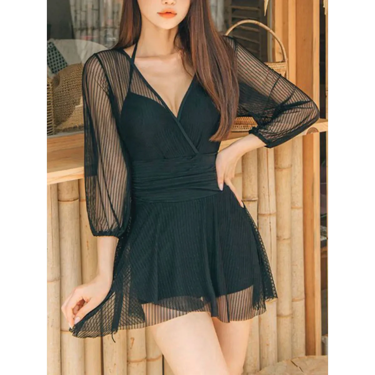 Mesh Low Cut Backless Swimsuit – Korean Beach Dress Biquinis 2025