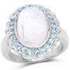 7.21 Carat Genuine White Rainbow Moonstone & Swiss Blue Topaz .925 Sterling Silver Ring