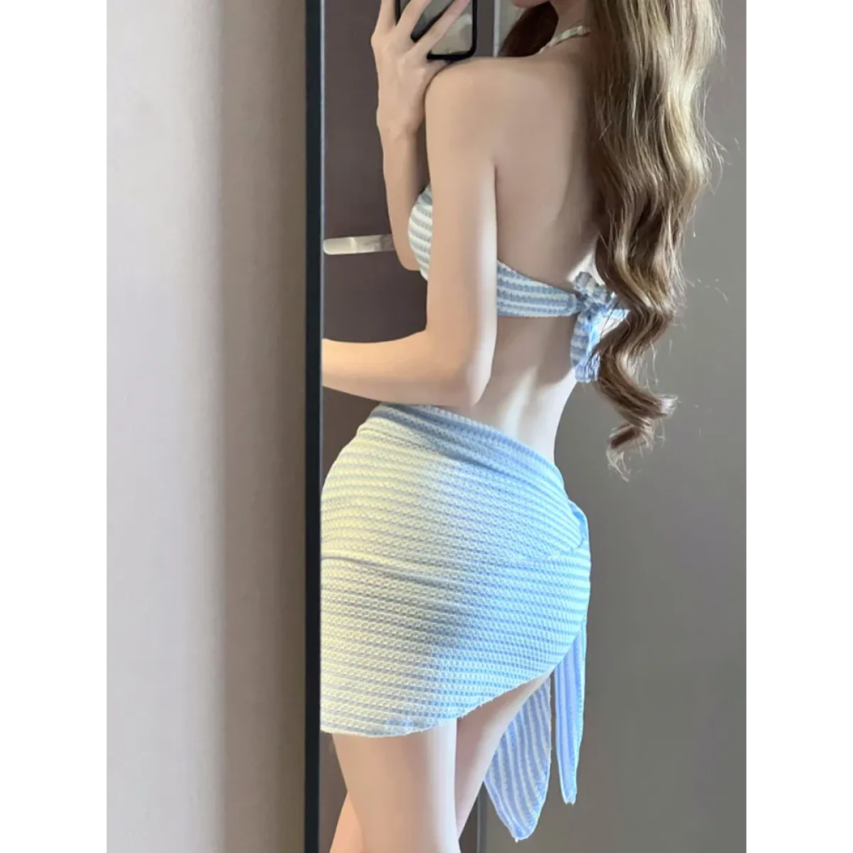 Striped 4-Piece Bikini Set – Halter Top, Sarong Cover-Up Summer Swimwear