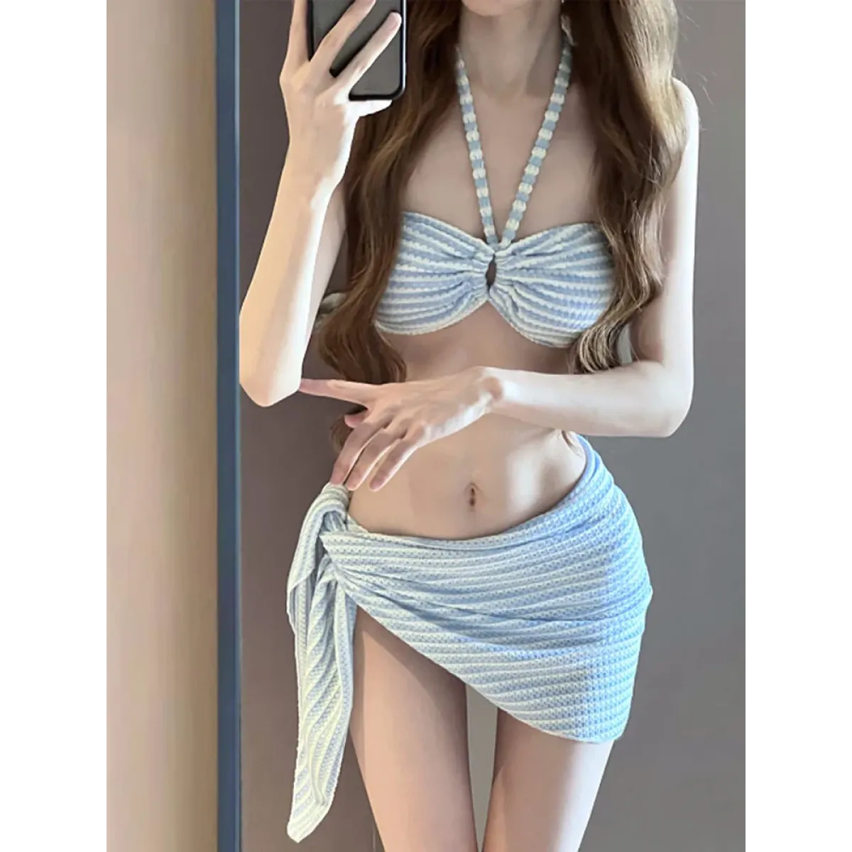Striped 4-Piece Bikini Set – Halter Top, Sarong Cover-Up Summer Swimwear